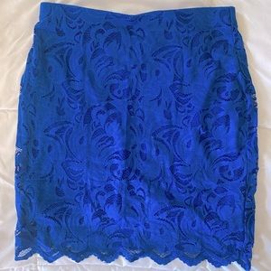 H&M Size 12 Pull On Royal Blue Mini/Pencil Skirt with Lace Overlay